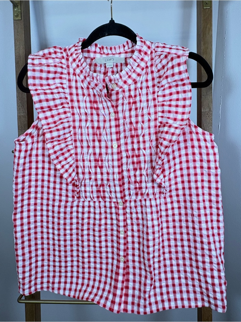 LOFT Red and White Gingham Ruffle Button-Front Sleeveless Top